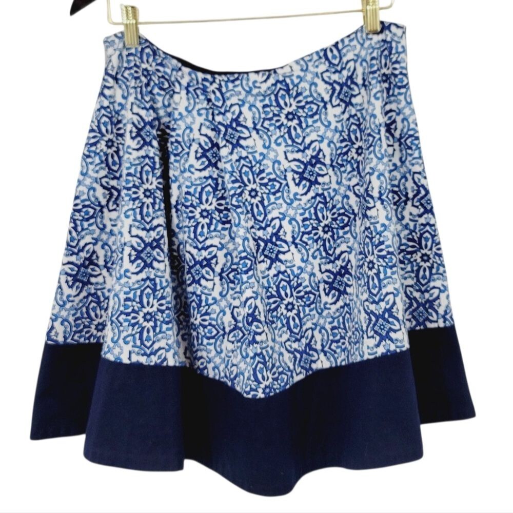 Milly Tile Print A-line Pleated Circle Skirt in Blue Combo Size Large - Picture 8 of 9